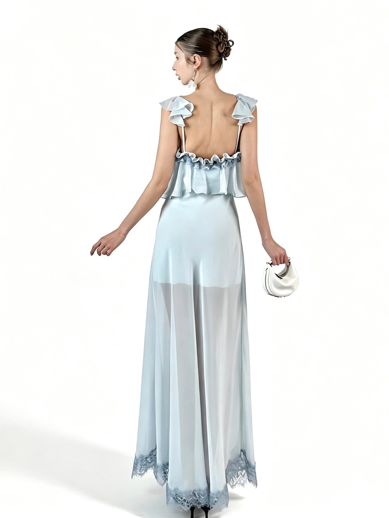 PRE-SALE JQWENTION “Ice Blue Moonlight” Maxi Dress – Ruffled Camisole Design with Sheer Lace-Trimmed Skirt