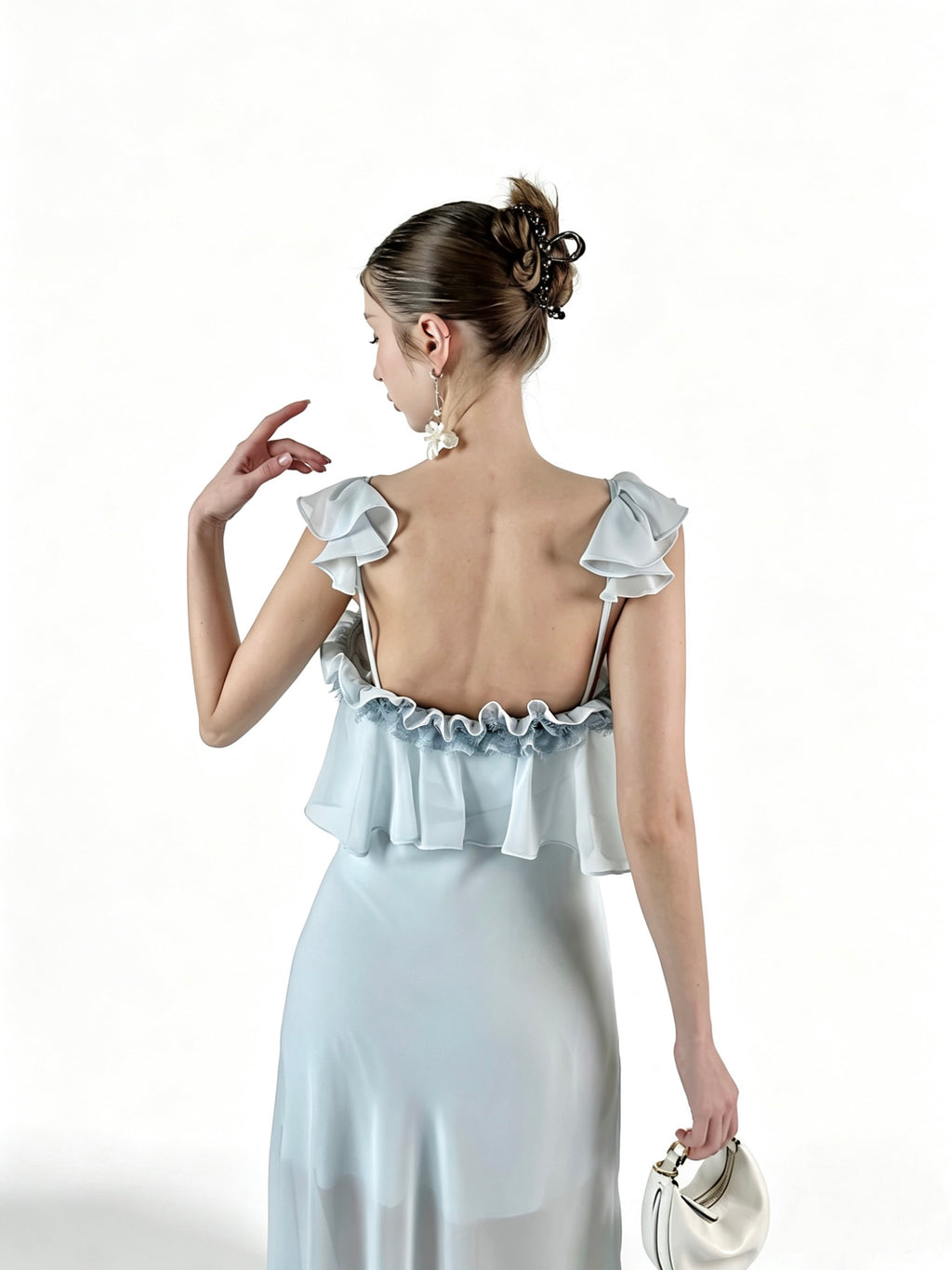 PRE-SALE JQWENTION “Ice Blue Moonlight” Maxi Dress – Ruffled Camisole Design with Sheer Lace-Trimmed Skirt