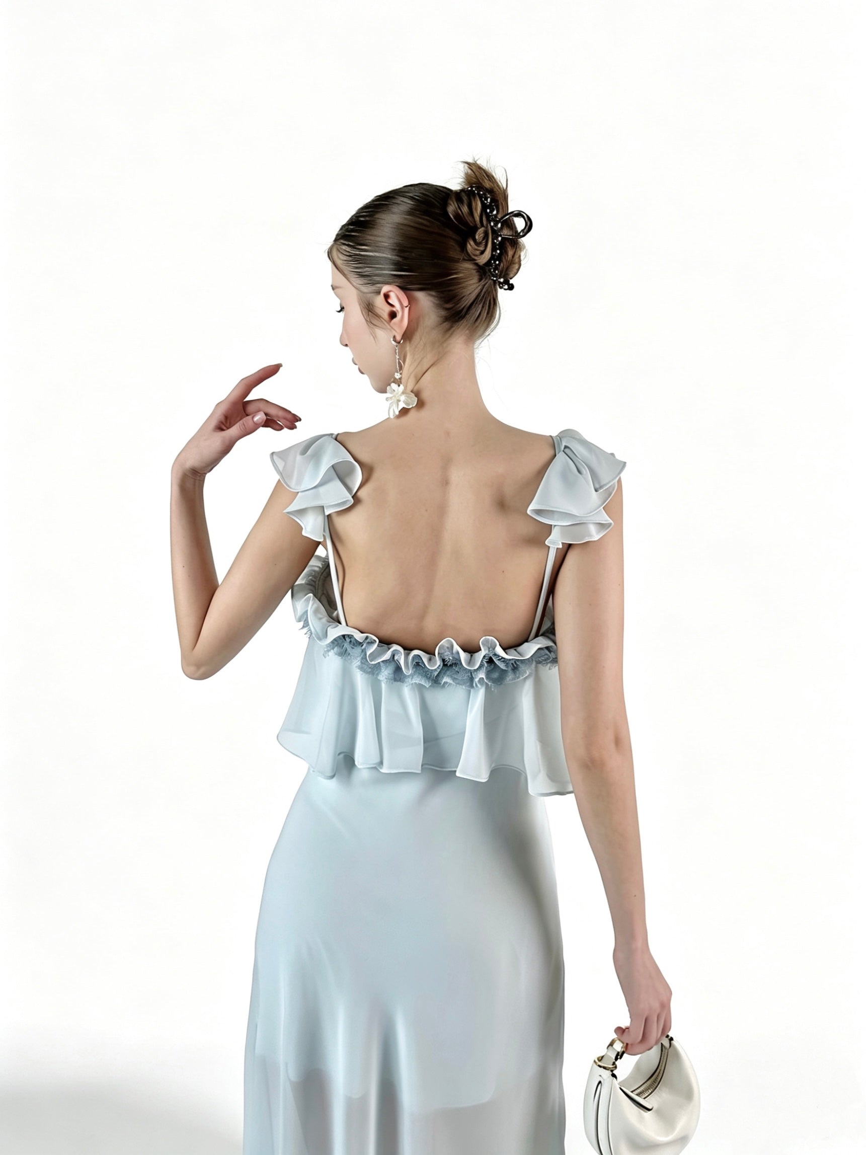PRE-SALE JQWENTION “Ice Blue Moonlight” Maxi Dress – Ruffled Camisole Design with Sheer Lace-Trimmed Skirt