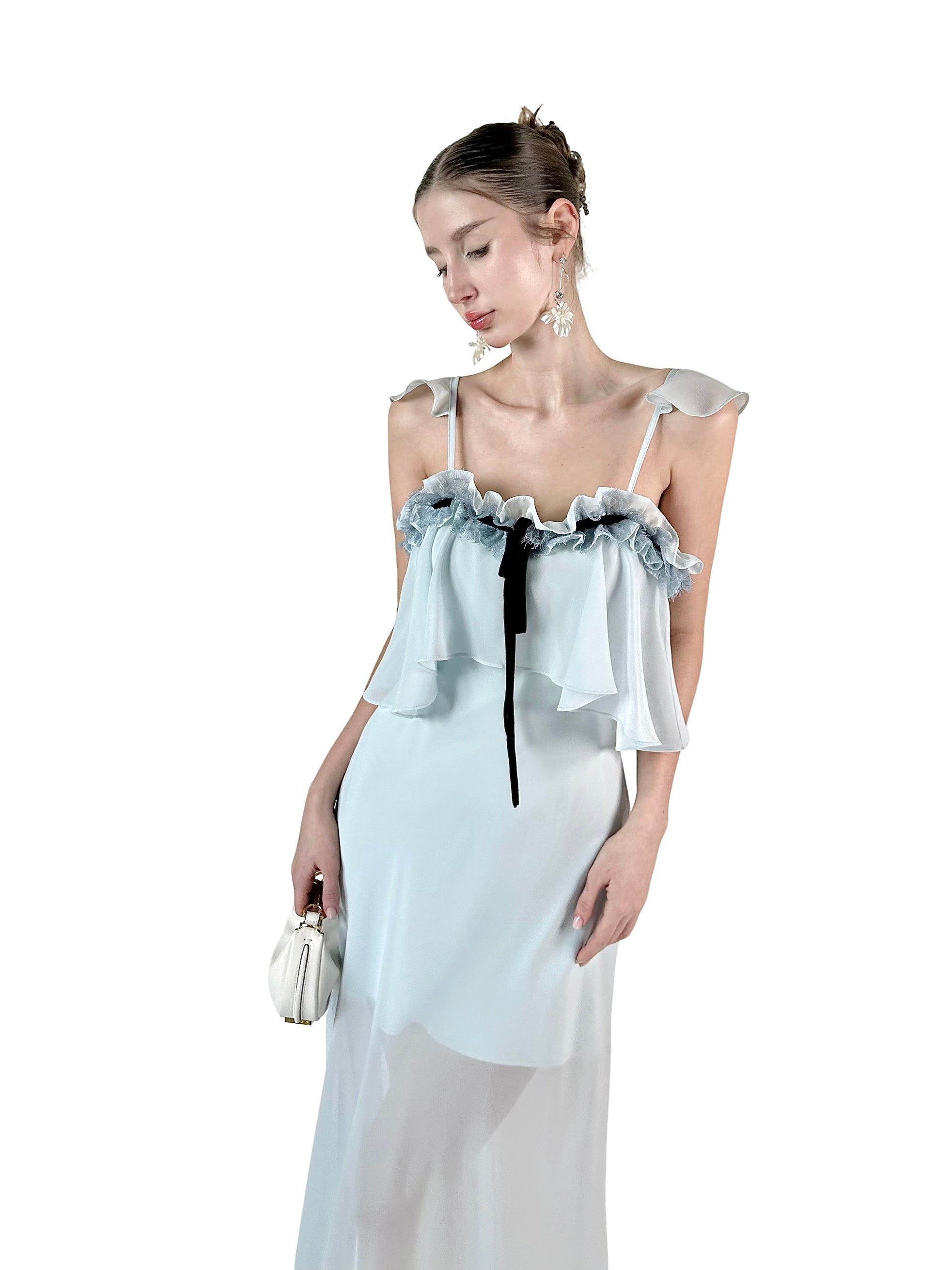 PRE-SALE JQWENTION “Ice Blue Moonlight” Maxi Dress – Ruffled Camisole Design with Sheer Lace-Trimmed Skirt