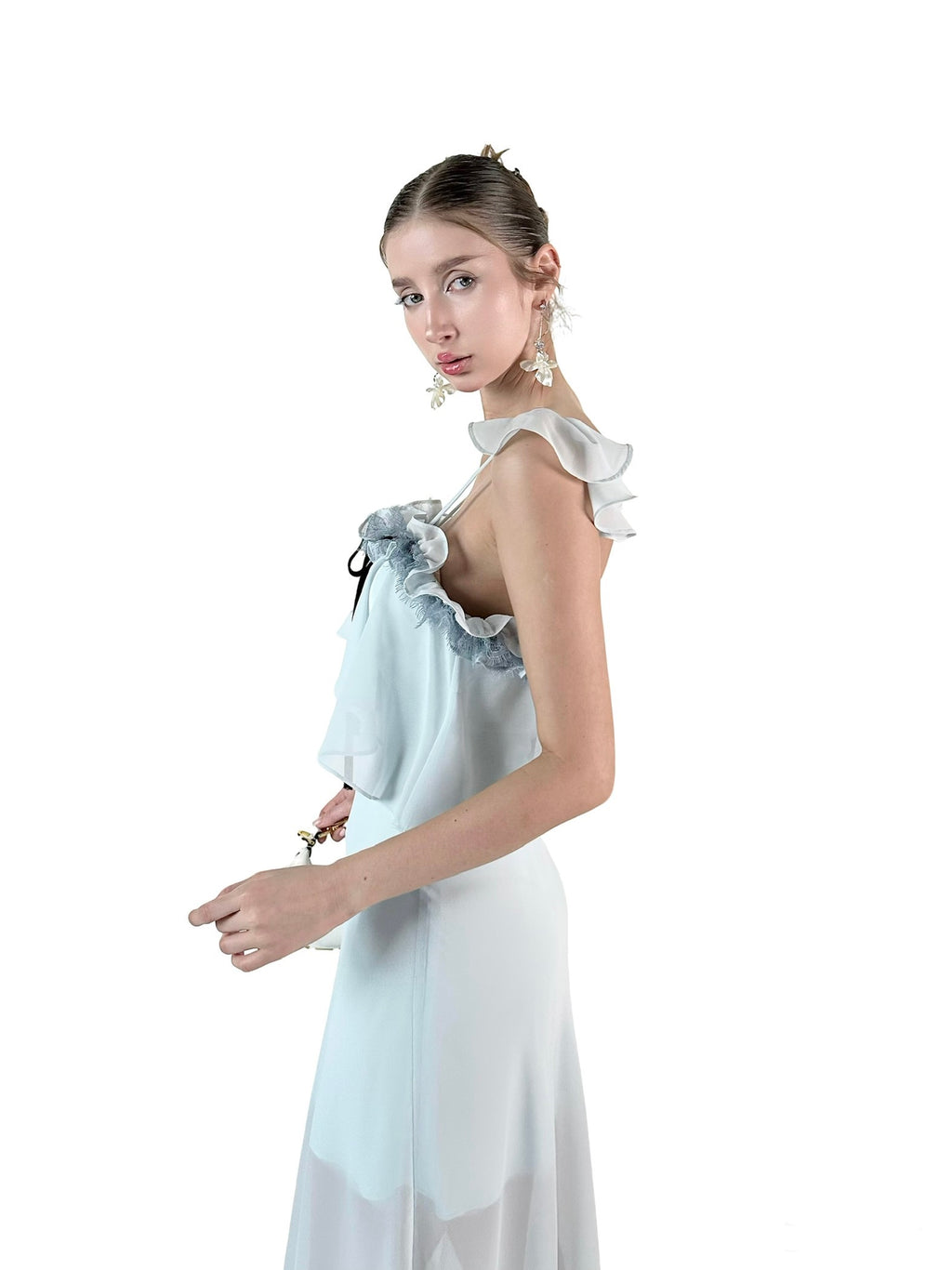 PRE-SALE JQWENTION “Ice Blue Moonlight” Maxi Dress – Ruffled Camisole Design with Sheer Lace-Trimmed Skirt